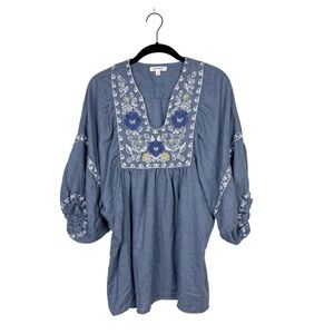 Max Studio Blue Embroidered Blouse Top Boho Peasant 3/4 Sleeve Women's Size S